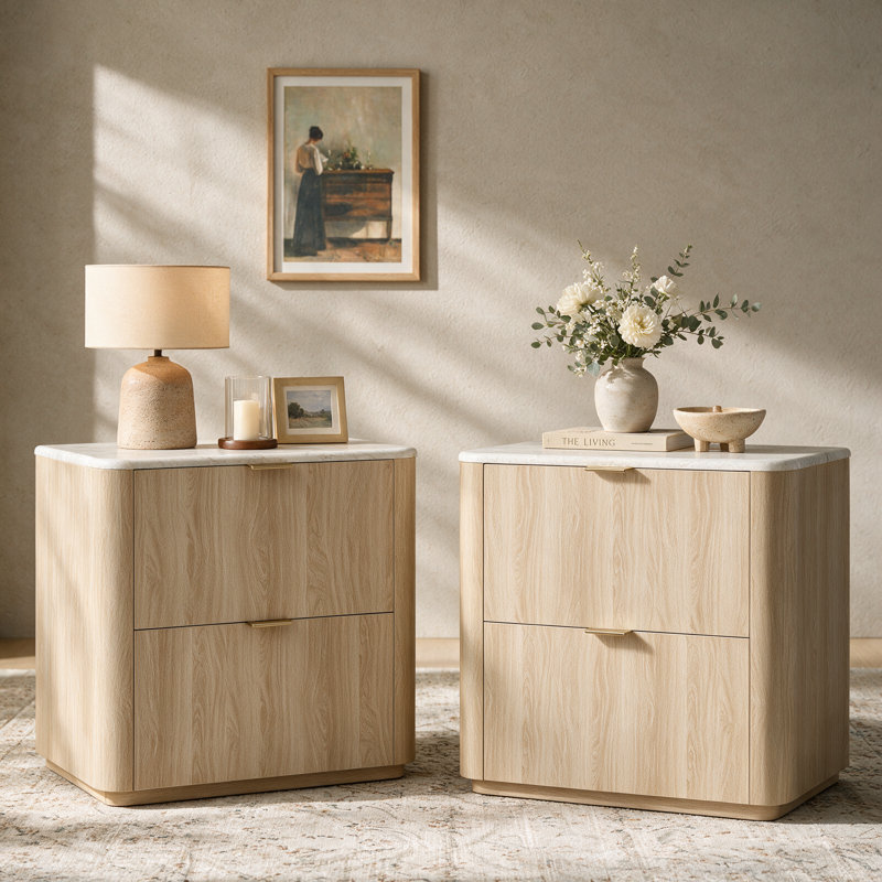 Table de chevet moderne Elaren de 60 cm de haut avec 2 tiroirs, en bois imitation travertin, pour chambre à coucher (ensemble de 2)