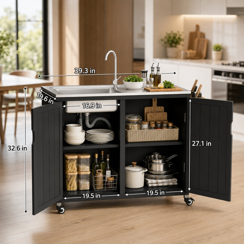 Meuble sous-évier utilitaire autoportant de 39,3 po avec évier en acier inoxydable, station d'évier mobile pour buanderie avec étagères de rangement et roulettes