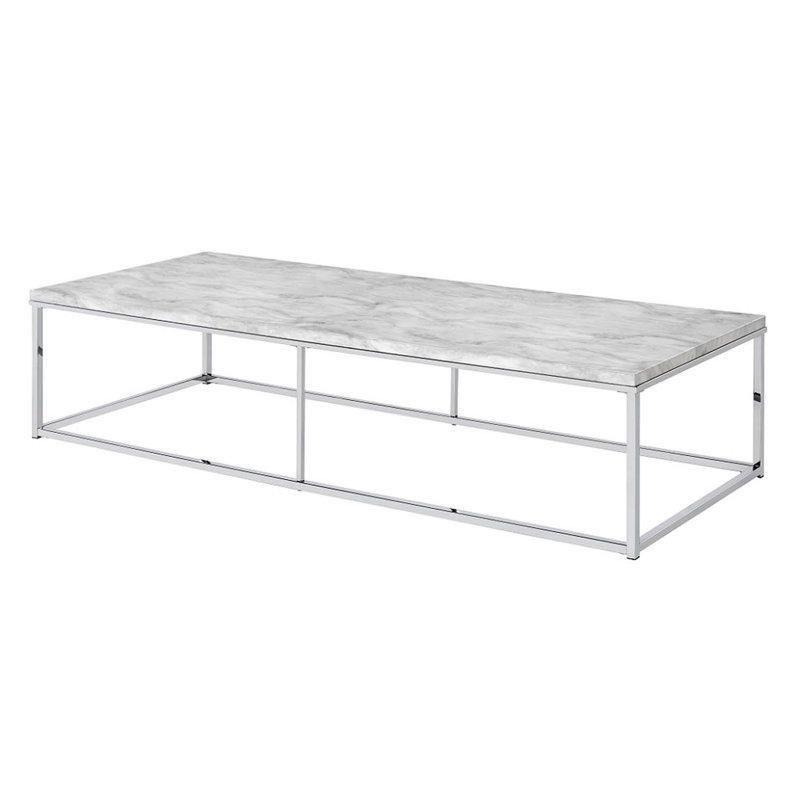 Table basse Voleta, plateau en pierre reconstituée et finition chromée Voleta