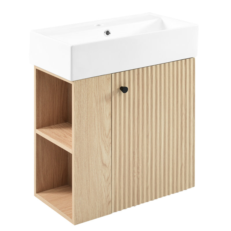 Meuble-lavabo de 21,6 po avec lavabo en céramique, poignée en or rose, porte ondulée, rangement latéral, trou unique, fermeture en douceur, pour meuble-lavabo moderne de petite taille, fixation murale pour meuble compact
