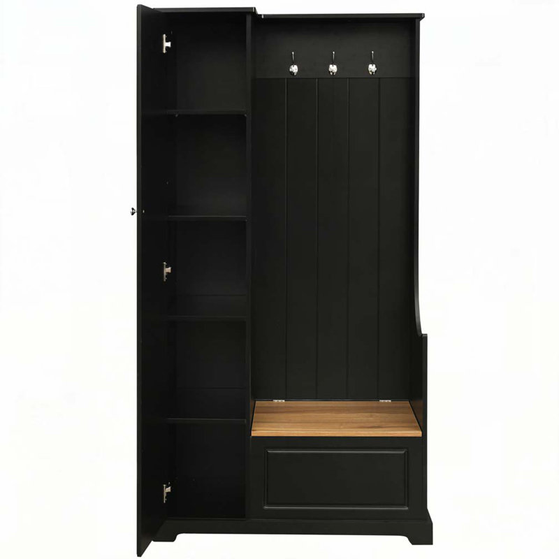 Arbre d'entrée avec banc rabattable, armoire avec tablettes réglables, Noir