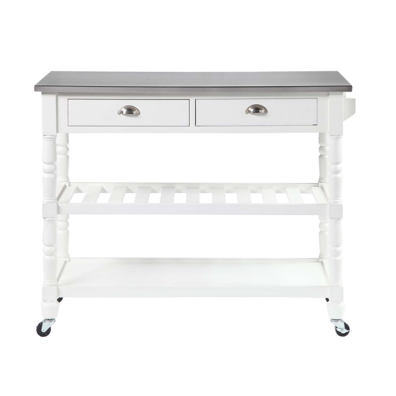 Mayall 45" Kitchen Cart with Stainless Steel Top and Locking Wheels, White