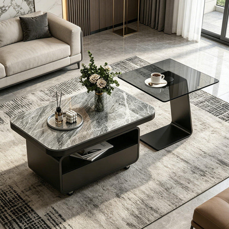 Table basse de luxe Modern Light, 18.5" H x 35.43" L x 17.71" W, Gray/Clear/Black, Sintered Stone