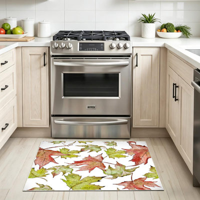 Green Watercolor Red Maple Leaves Leaf Plant Botanical Garden Floral Machine Washable Indoor Area Rug