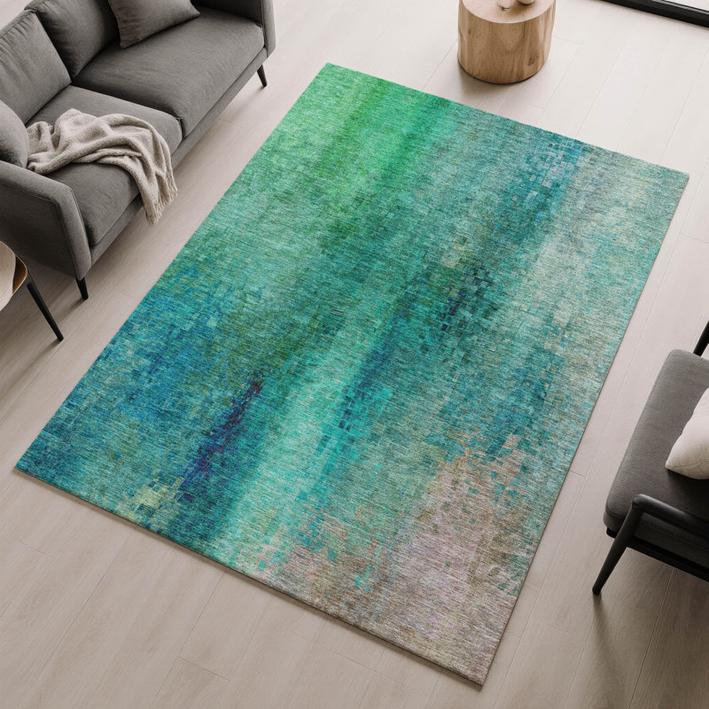 Premium Machine Washable Mayfield AMF2241 Abstract Rug, Teal, 3' x 5'