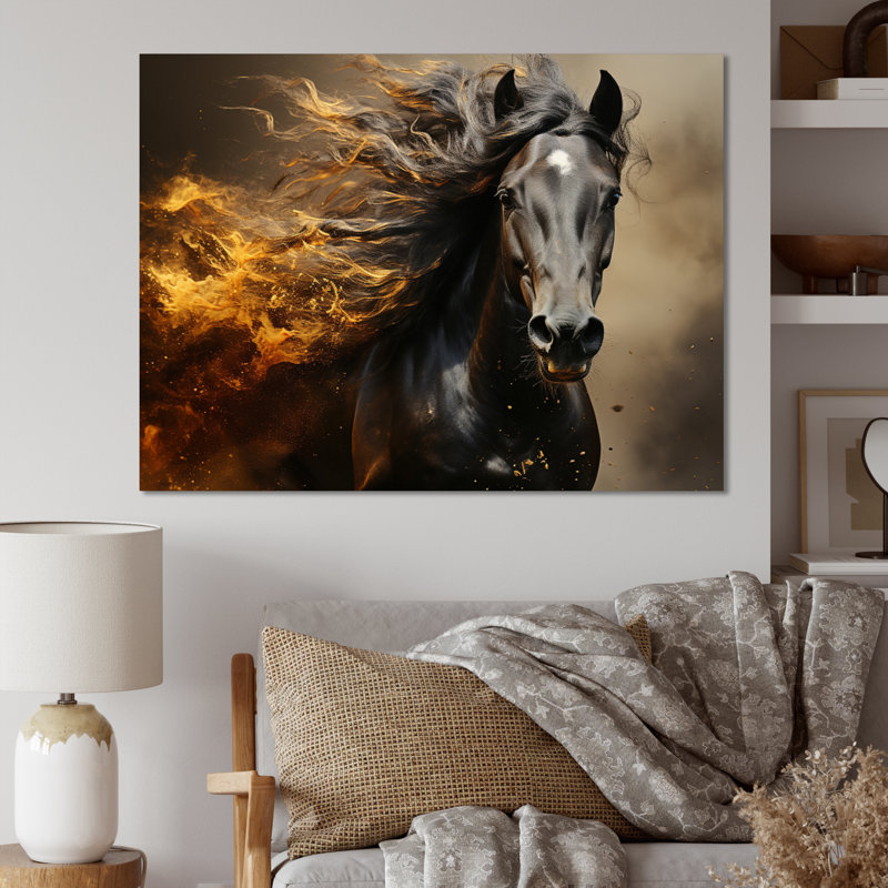 Cheval noir noir et jaune vibrant cheval - art mural cheval, H 30 po x l 40 po x P 1,5 po, Toile tendue