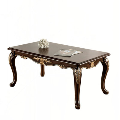 Rich Tobacco Finish Traditional Style 1pc Rectangle Coffee Table Curved Legs Carved Details Design With Gold Highlight Elegant Look Solid Wood Structure