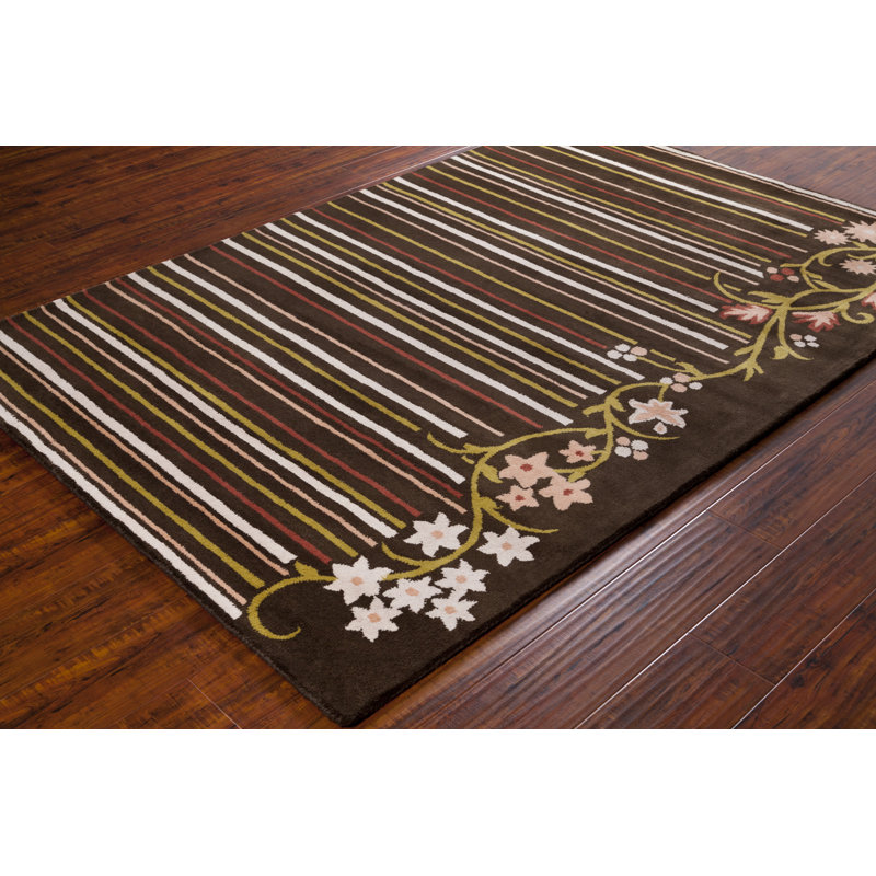 Tapis rayé à motif floral vert, corail, pêche et brun foncé Billerica, 8 pi x 10 pi