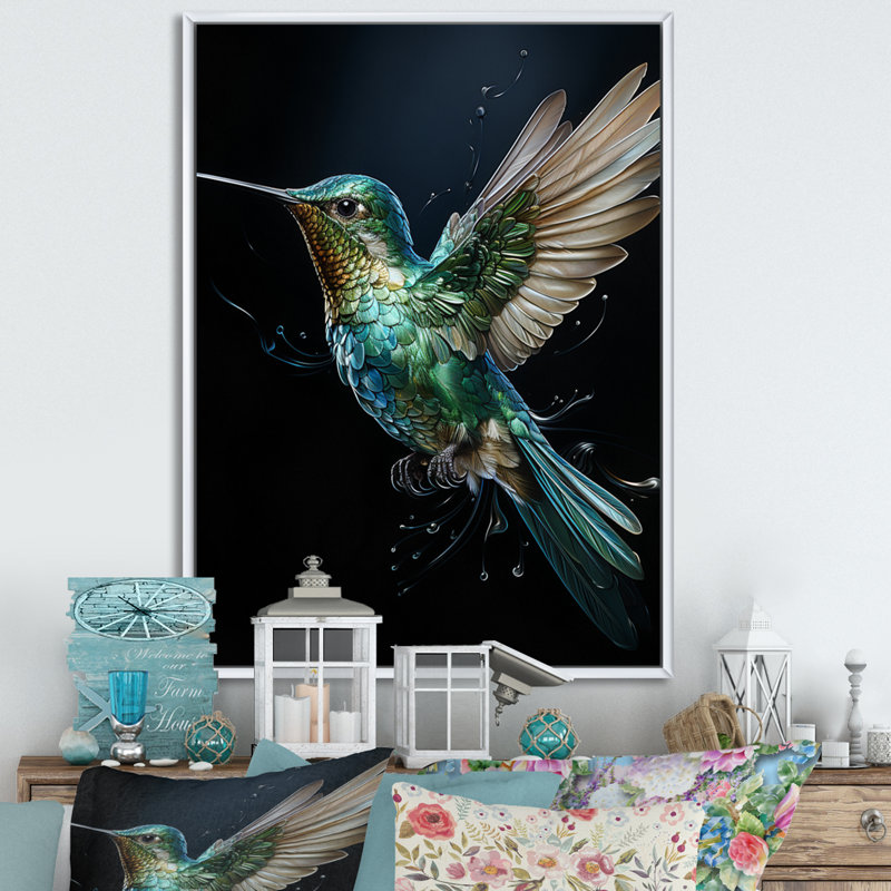 Woodleigh Teal Black Hummingbird Aérien Grace - Art mural colibri, H 44 po x l 34 po x P 1,5 po, Cadre flottant blanc