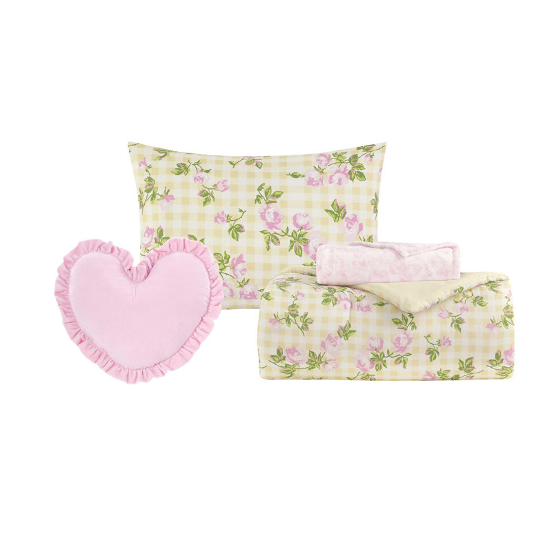 Betsey Johnson Gingham Rose Reversible Yellow Comforter Bonus Set, Twin XL Comforter+3 of Additional Pieces Included, Yellow