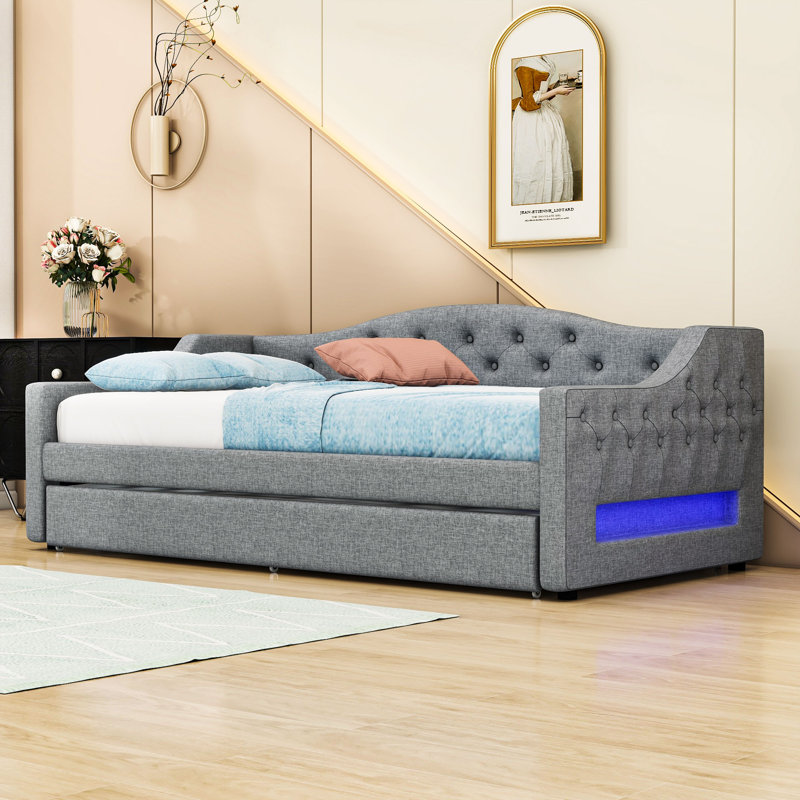 Terianna Twin XL Upholstery Daybed with Trundle and LED Belt, Gray