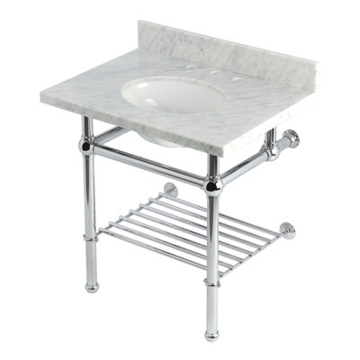 Kingston Brass Templeton 30-Inch Carrara Marble Console Sink with Brass Legs and Shelf (8-Inch, 3-Hole)