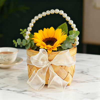 2-Pack 8.66*6.1in Boho Woven Rattan Carrying Basket Set of 2 with Pearl Embellished Handles & Bow Decoration - Wedding Flower Girl Basket, Picnic Basket & Home Storage Basket
