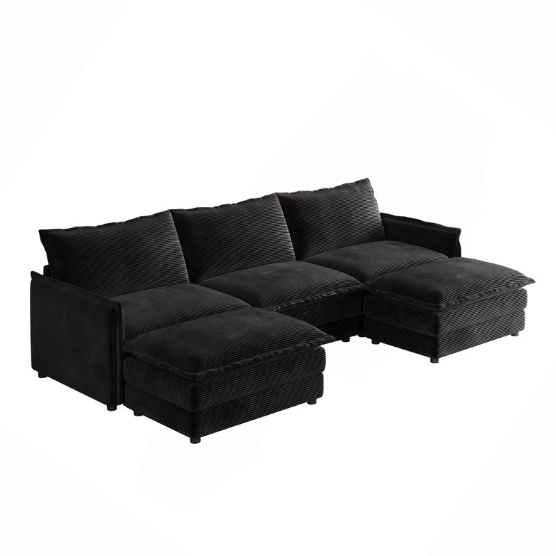 Allan U-Shaped Sectional Sofa with Movable Ottomans, Black Corduroy