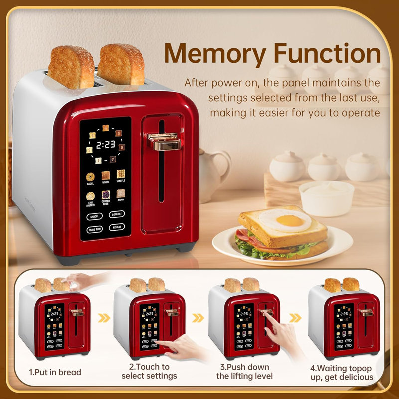 Toaster 2 Slice, Stainless Toaster Lcd Display&Touch Button, 50% Faster Heating Speed, 1.4'' Wide Slots Toaster, 4 Basic+More Timer Functions, Removable Crumb Tray, 1350W