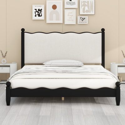 Farmhouse Style Wood Platform Bed Frame with Upholstered Headboard