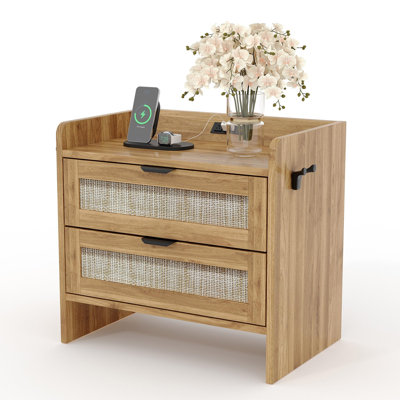 Table de chevet en rotin avec station de recharge USB-C, 2 tiroirs, style bohème