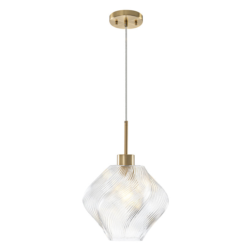 11.4" Modern Gold Mini Pendant Light with Hand-Blown Spiral Glass Shade, Adjustable Height 17.5"-95.5" for Kitchen Island Dining Room, ETL Listed