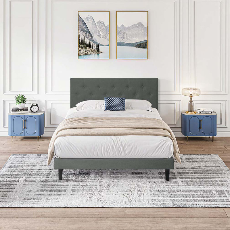 Button-Tufted Linen Upholstered Bed, Gray, Twin
