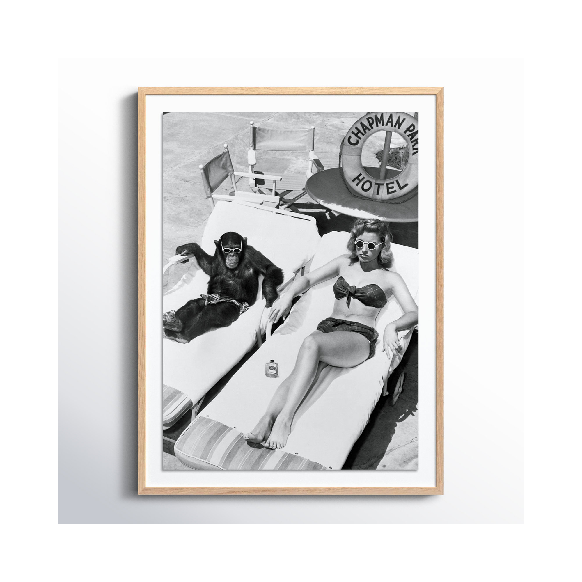 Woman Sunbathing With Chimpanzee by Getty Images, White Oak Framed, 48" H x 36" W