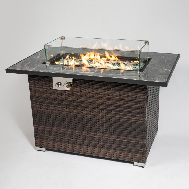 Outdoor Fire Pit Table With Ceramic Tabletop, 44Inch Propane, 50000Btu, Rectangular , Lid, Rain Cover, Glowing Glass Rocks, 50000Btu Gas Top, Propane Pit, Brilliant Dark Brown