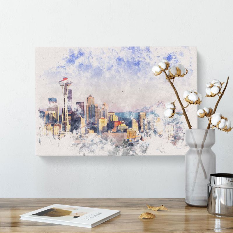 Seattle Skyline Watercolour - Wrapped Canvas, 60cm H x 91cm W x 4cm D