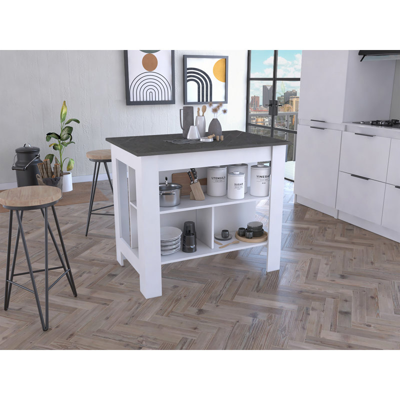 Kitchen Island, Four Legs, Three Shelves, White/Dark Brown