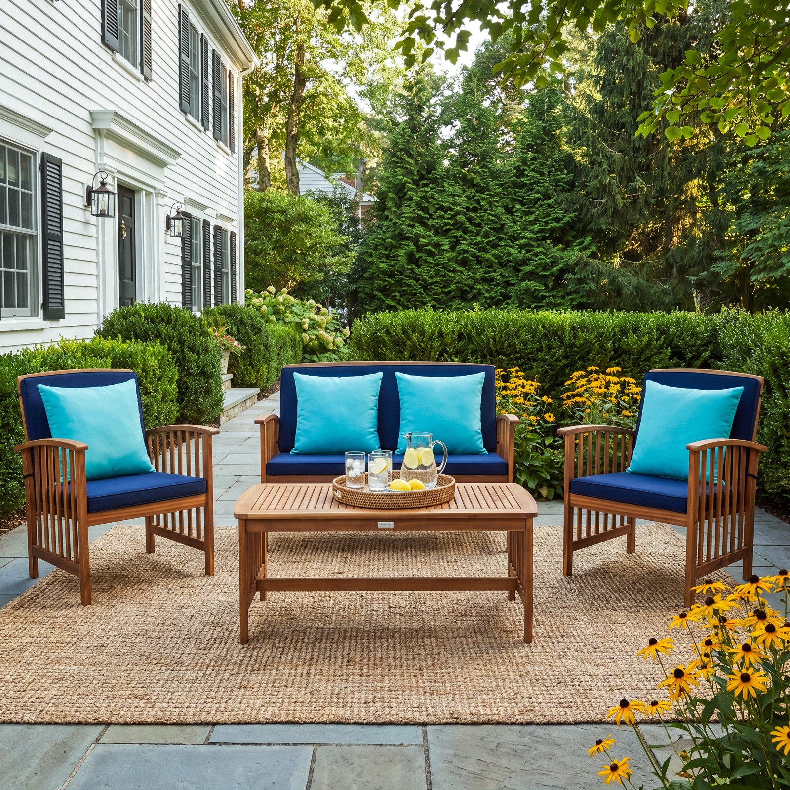 Delosreyes 4-Person Acacia Patio Seating Group, Turquoise Toss Pillow Color/Navy Cushion