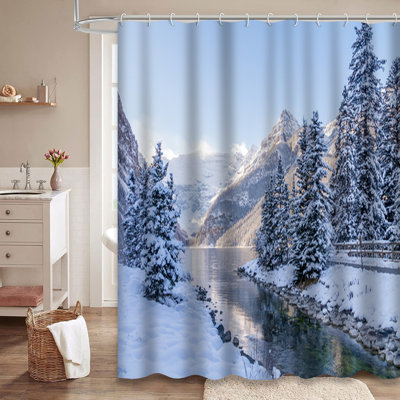 River Lake Winter Forest Snow Landscape Shower Curtain with 12 Hooks