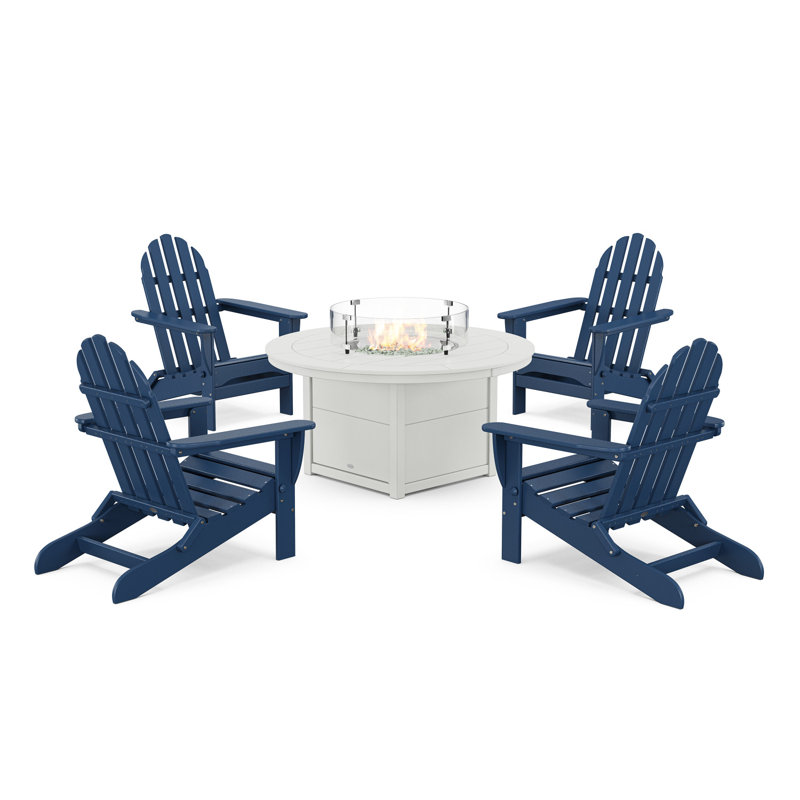 POLYWOOD Classic Folding Adirondack 6-Piece Conversation Set with Fire Pit Table, Navy