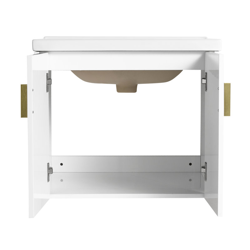 Meuble-lavabo mural 24 po - blanc brillant, armoire 2 portes, idéal pour les petites salles de bain modernes avec lavabo. Armoires blanches. Lavabo en céramique. Fabrication en contreplaqué. 2 dorés et