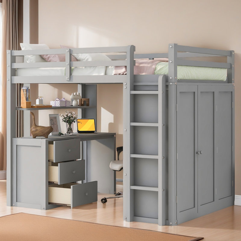 Lit mezzanine avec tiroirs, bureau et garde-robe, Gris, Lit double