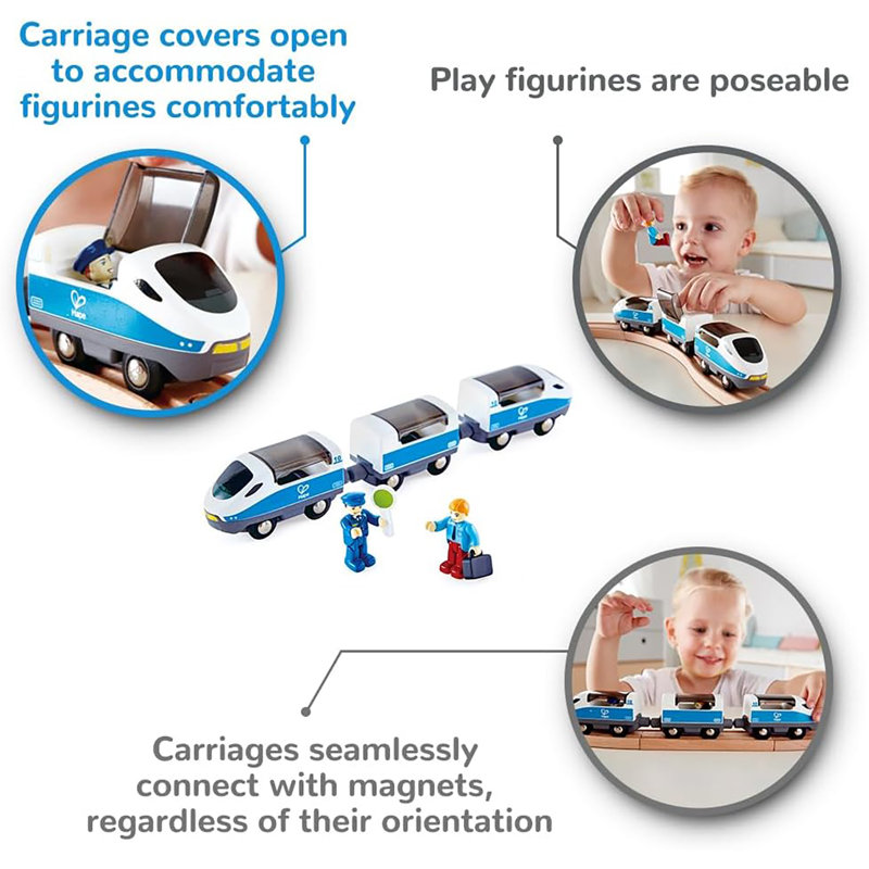 Hape: train intercité - bleu et blanc - ensemble de jouets de train en bois, train de liaison magnétique 3 pièces, 2 figurines et accessoires posables, enfants de 3 ans et plus