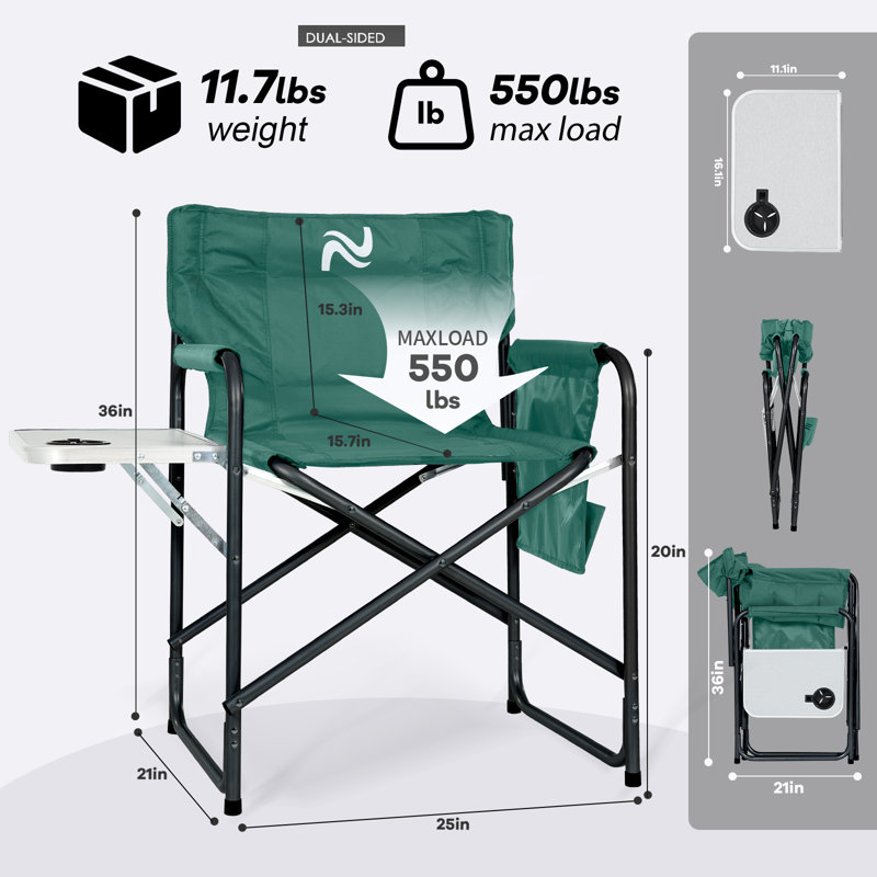 Oversized Heated Camping Chair, Portable Directors Chair With 3 Heat Levels And Side Table, Green