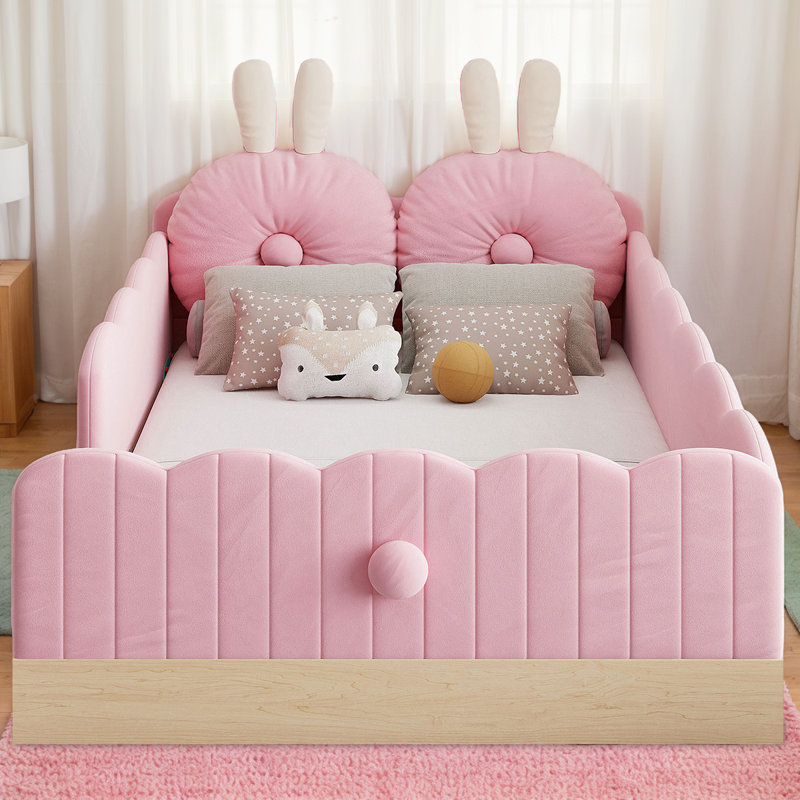 Lit tapissier simple confortable - thème animal décoratif, rangement supplémentaire, design sécuritaire, Rose