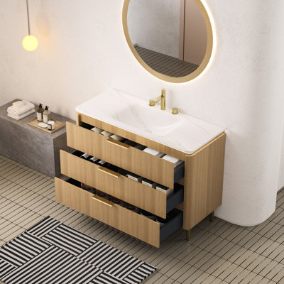 Meuble-lavabo autoportant en pierre blanche frittée blanche, armoire en contreplaqué de 48 po avec 3 tiroirs, finition chêne, trous de robinet pré-percés, structure de lavabo à DEL automatique, apparence, assemblé