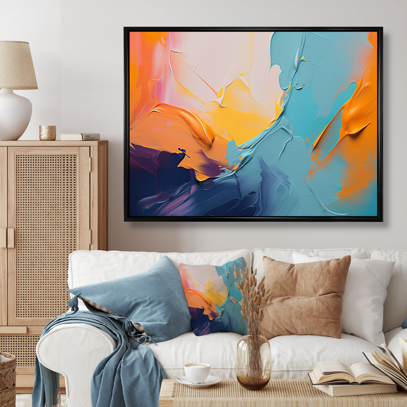 «Blue and Orange Paint Expression 1», art mural abstrait, H 12 po x l 20 po x P 1 po, Cadre flottant noir