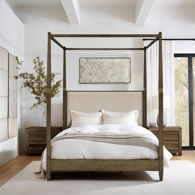 Barnathan Brown Queen Wood Bed with Gold-Accented Canopy Posts