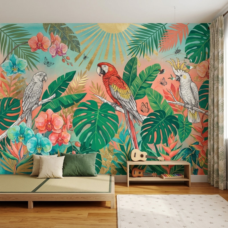 Papier peint tropical avec perroquets botaniques, Peler et coller, 200 po x 120 po