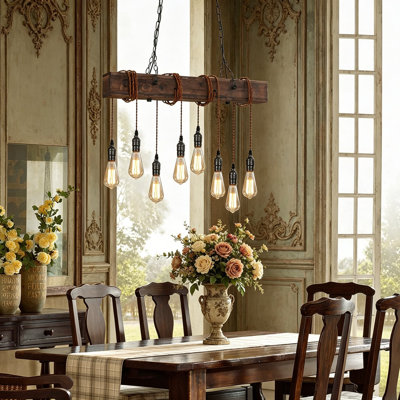 8-Light Rustic Farmhouse Chandelier, Wooden Ceiling Pendant Light, Height Adjustable Rectangle Chandelier For Dining Room Kitchen Island Bar Pool Table Cabin
