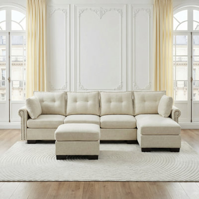 Canapé modulaire 112 po avec méridienne réversible et pouf de 112 po, tissu chenille résistant aux chats, 2 coussins