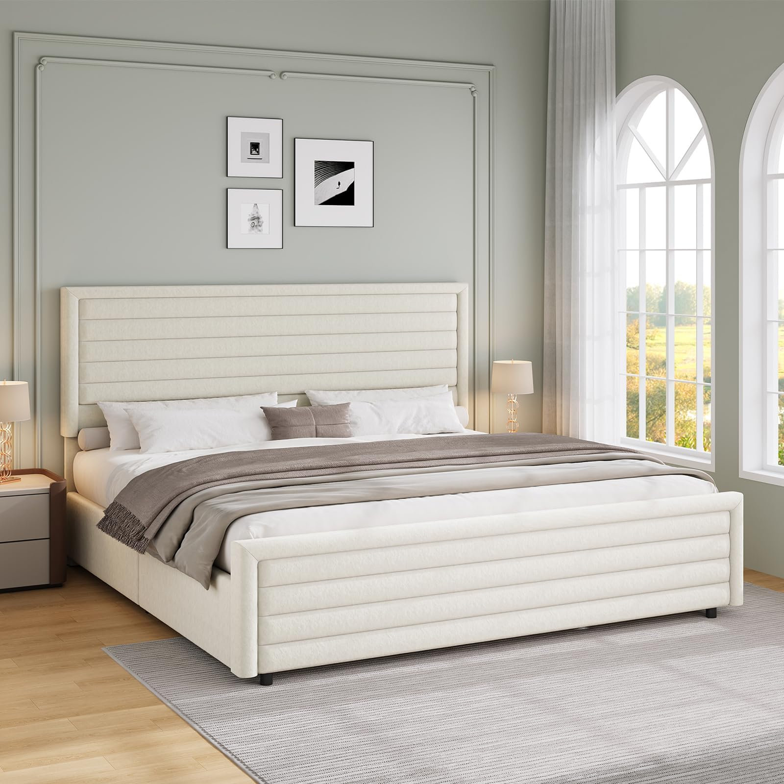Ebern Designs Velvet Platform Bed Frame with Wooden Slats and Rustic ...