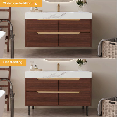 Meuble-lavabo autoportant en pierre frittée de 35,4 po avec lavabo encastré, bois massif multi-couches imperméable, rangement à 4 tiroirs, fixation murale