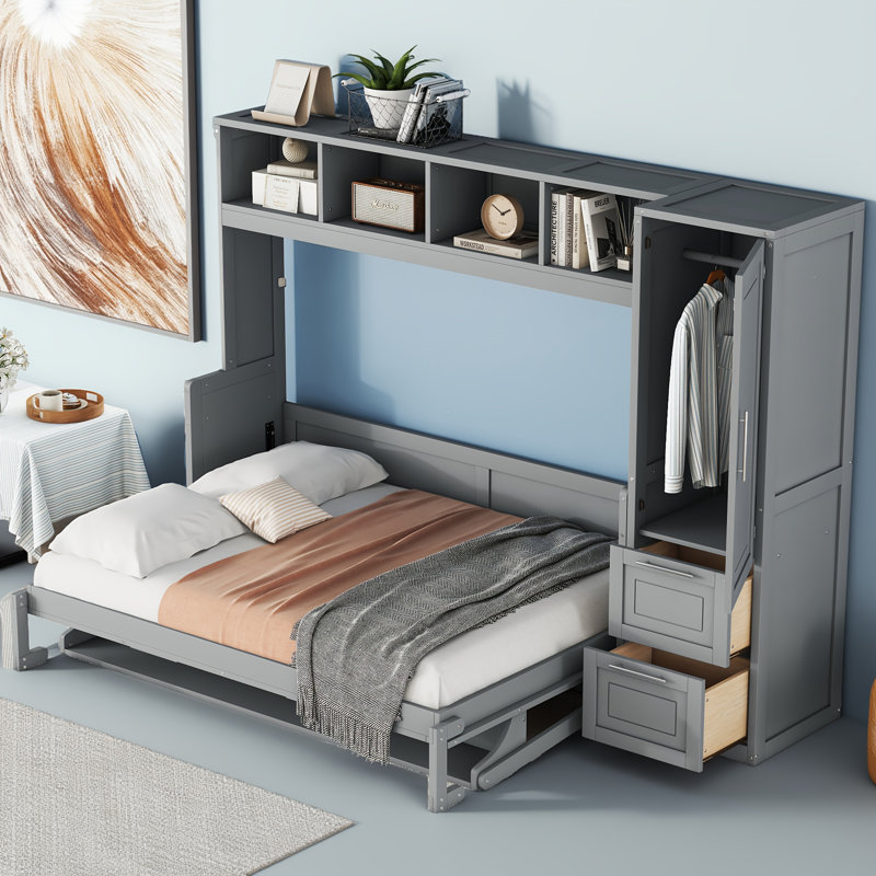Lit escamotable multifonctionnel avec rangement pour petits appartements / studios, Gris, Lit double