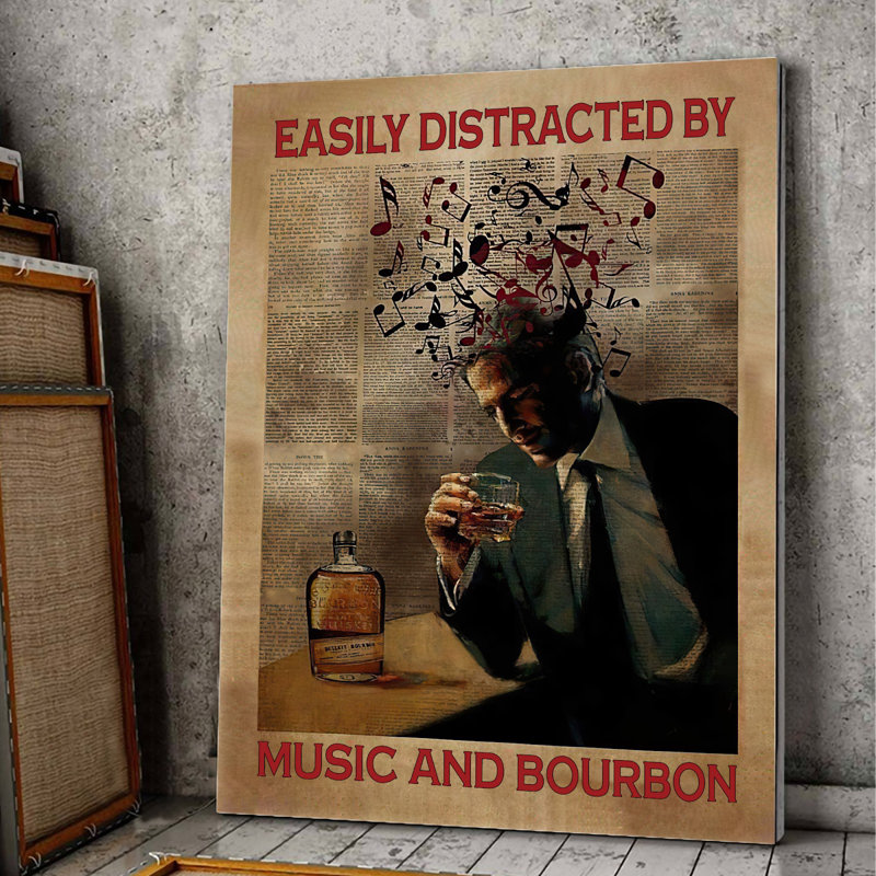 «Easily Distract By Music Bourbon», toile tendue tendue à la main - Illustration rouge, noire et brune