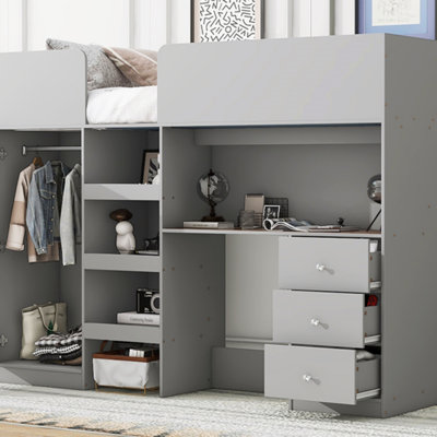 Wood Full Size Loft Bed With Built-In Wardrobe, Desk, Storage Shelves And Drawers
