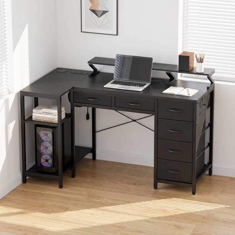 Bureau d'ordinateur en L avec tiroirs et tablette en L avec lumières DEL et prises de courant Bureau d'ordinateur avec support pour écran