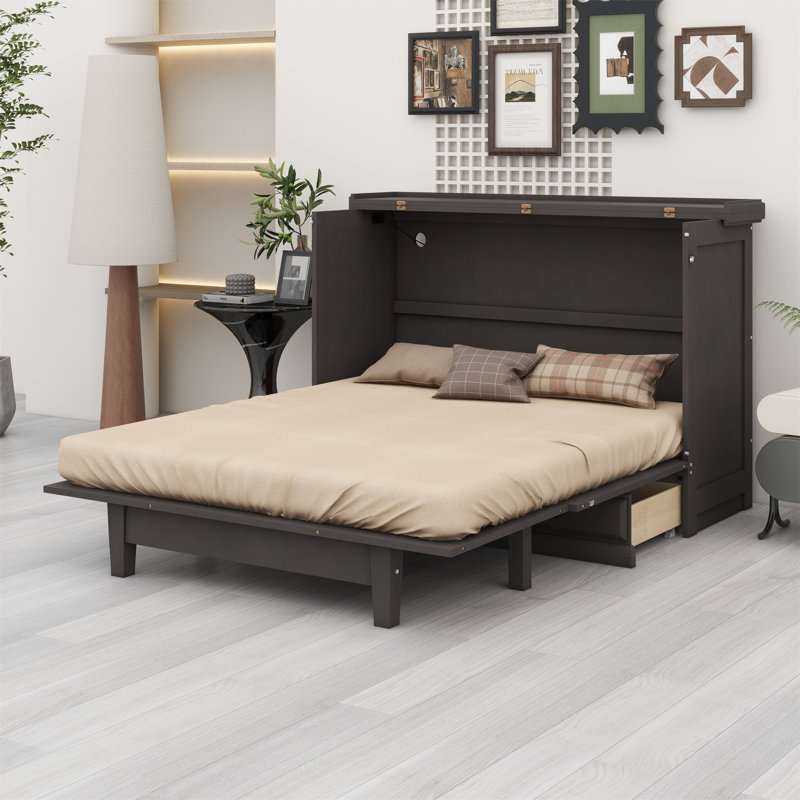 Lit escamotable en bois avec station de charge et grand tiroir de rangement, Grand, gris