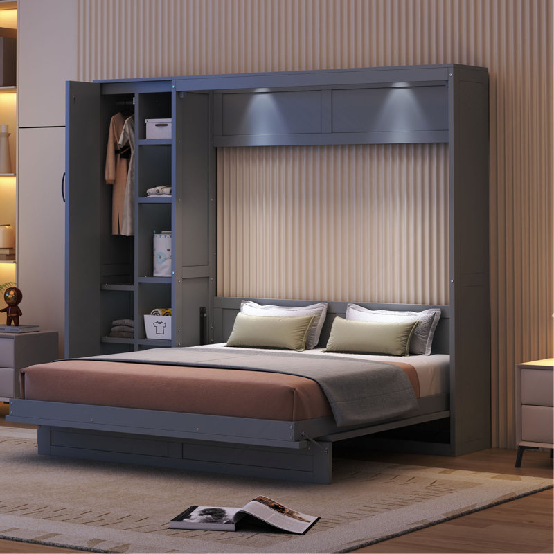 Lit escamotable double pleine grandeur avec tablettes, garde-robe et lumières DEL, gris, Gris, Lit simple
