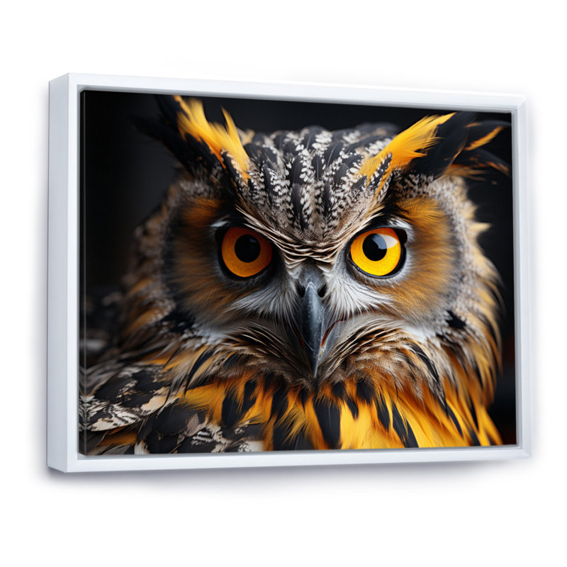 «Yellow Owl Wise Portrait I», reproduction sur toile, H 16 po x l 32 po x P 1 po, Cadre flottant blanc